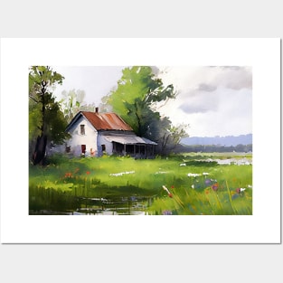 Watercolor of a pretty farmhouse in a field of wild flowers Posters and Art